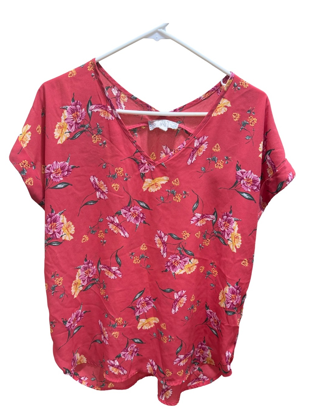 Pink Rose Coral-Pink Floral V-Neck Short Sleeve Top